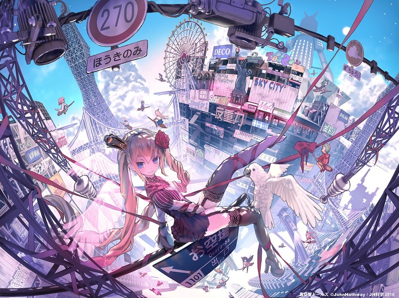 anime, anime girls, fantasy city, flower in hair