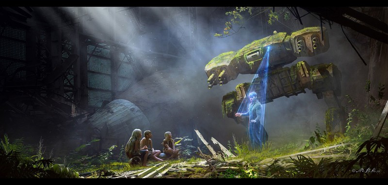 women, ruins, grass, moss, machine, gun, cannons, armor, people, men, hologram, culture, futuristic, plants, hangar, Vladimir Manyukhin