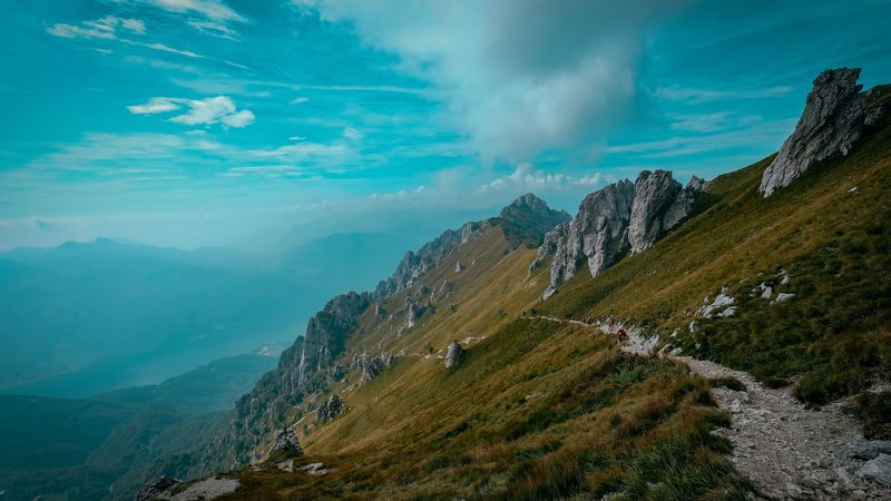 mountains, path, rocks, stones, top, sky, grass, 4k