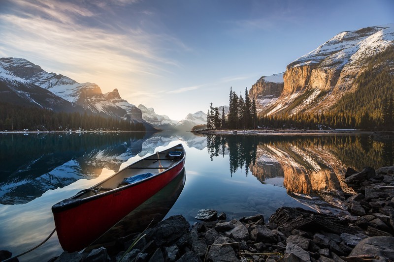 landscape, mountains, lagoon, boat, vehicle, reflection, plants, stones, clear sky, environment