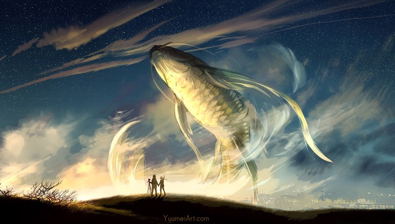 fish, fantasy art, skyscape, Yuumei