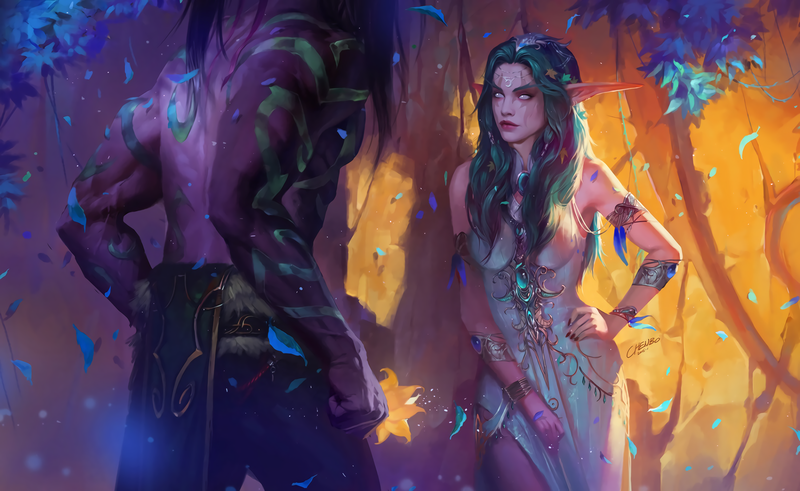digital art, artwork, women, men, Warcraft, World of Warcraft, video games, Illidan, Illidan Stomrage (Warcraft), Tyrande, Tyrande Whisperwind, Chenbo, Night Elves, elven, pointed ears, purple hair, white eyes, white dress, thighs, blue hair