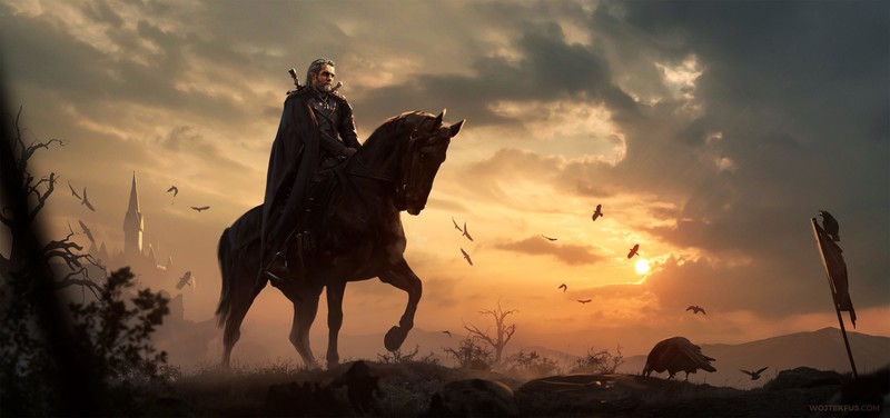 digital art, artwork, video games, The Witcher, Geralt of Rivia, The Witcher 3: Wild Hunt, horse, Roach