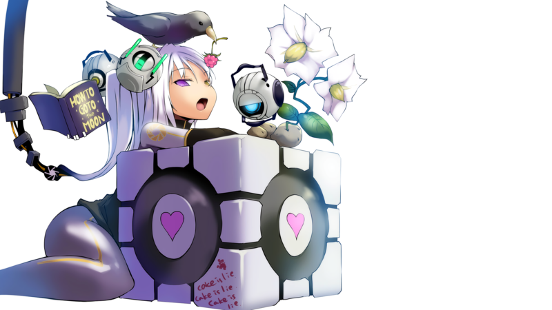 anime, anime girls, white skin, simple background, Portal (game), Companion Cube, white background, Aperture Laboratories, humor, GLaDOS
