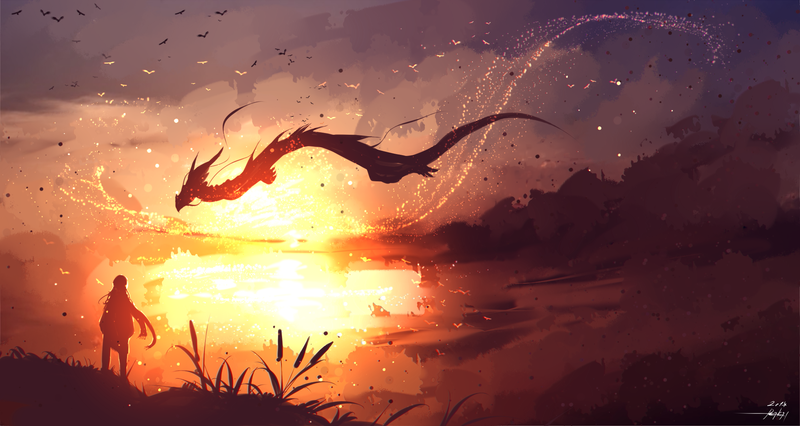 fantasy art, dragon, landscape, digital art, sunlight, sky