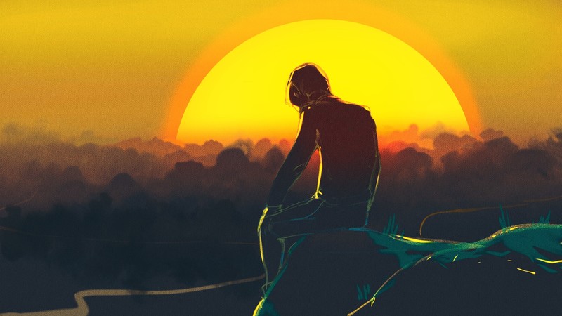 landscape, sunset, original characters, Sun, sky, dark, sitting