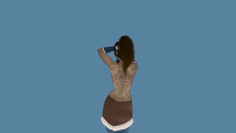 Avatar: The Last Airbender, The Legend of Korra, Korra, tattoo, bareback, simple background, back, arms up, blue background, brunette, anime