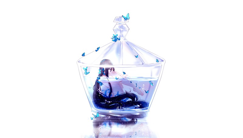 original characters, butterflies, Perfume (Band), simple background, anime girls, anime, flakon, white background, barefoot, dark hair, long hair