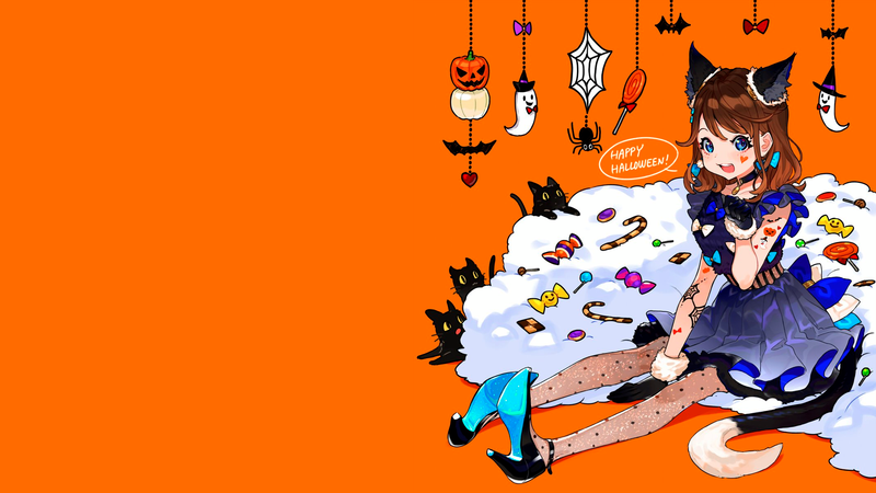 anime, manga, anime girls, simple background, minimalism, sitting, looking at viewer, orange, Halloween, candy, tights, nekomimi, cat ears, heels