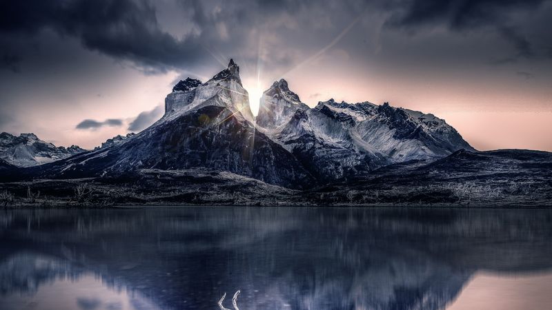 mountain, lake, sunlight, reflection, 4k