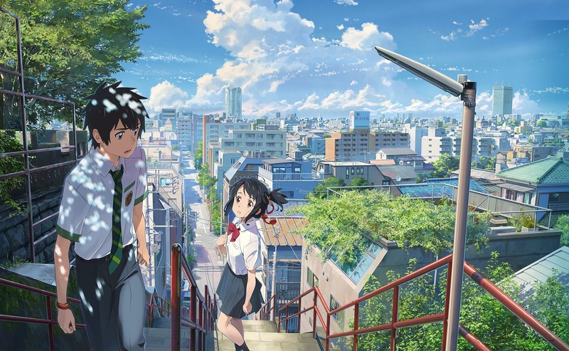 digital art, artwork, anime, city, cityscape, anime girls, anime boys, Kimi no Na Wa, Makoto Shinkai, Japan