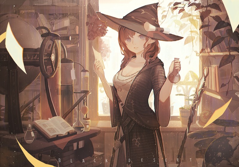 Halloween, birds, black desert online, blue eyes, books, brunette, cleavage, drink, flowers, hat, long hair, pointed ears