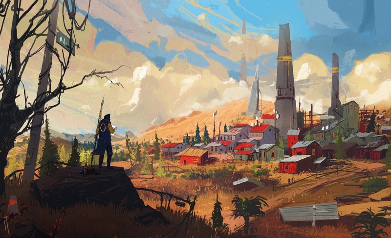 artwork, digital art, fantasy art, tower, spear, town, brown