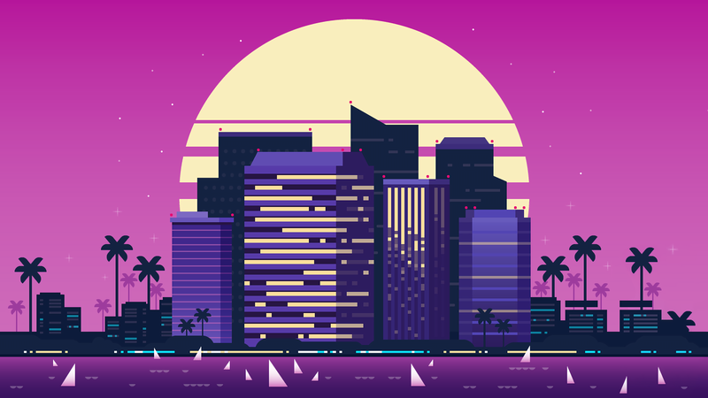 cityscape, purple background, palm trees, shore, retrowave, Retrowave, Retro style, futuristic