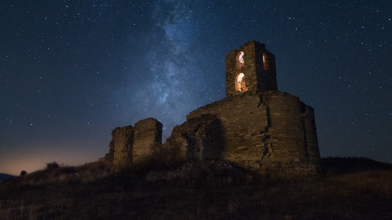 night, dark, ruin, sky, stars