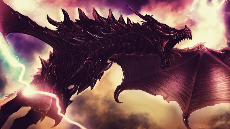 fantasy art, artwork, fan art, science fiction, concept art, dark, digital art, dragon, creature, mythology, animals, lightning, Alduin