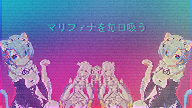 anime, white skin, anime girls, cat girl, fan art, vaporwave, Re:Zero Kara Hajimeru Isekai Seikatsu, Rem (Re: Zero), Emilia (Re: Zero), Emilia, pink, maid, maid outfit, Retro style