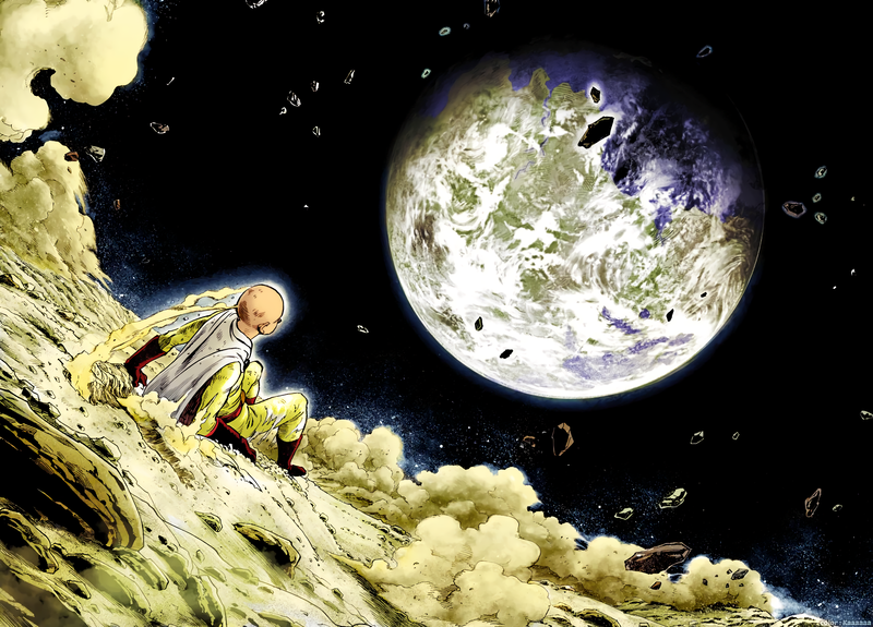 anime, anime boys, white skin, One-Punch Man, fan art, Saitama, superhero, dark background, night, space, planet