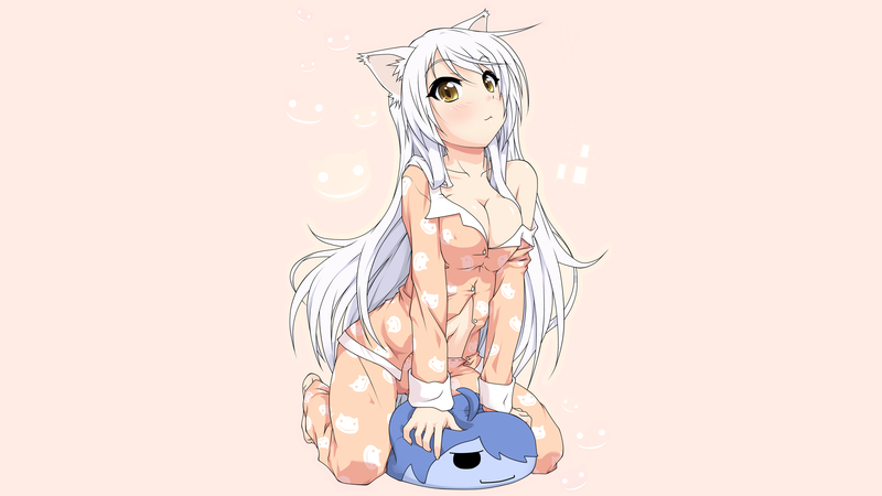 anime, white skin, anime girls, cat girl, simple background, pink, Neko Hanekawa, white hair, fan art, Monogatari Series, Hanekawa Tsubasa