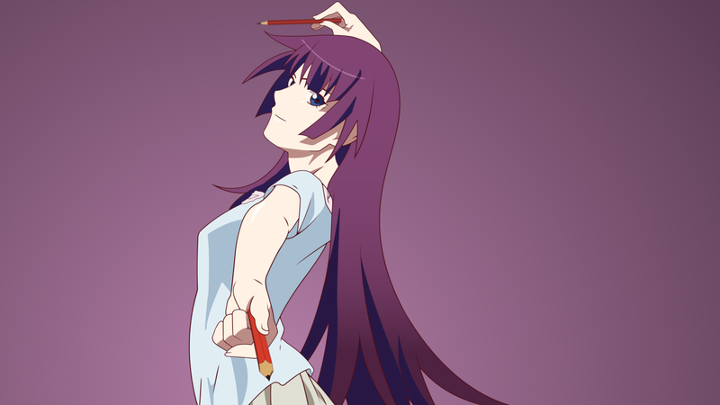 anime, anime girls, white skin, artwork, purple hair, Monogatari Series, blue shirt, Senjougahara Hitagi, dark eyes, purple background, purple, simple background