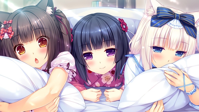 anime, anime girls, white skin, cat girl, artwork, Neko Para, Vanilla (Nekopara), Chocolat (Nekopara), lying down, in bed, blue eyes, purple eyes, animal ears