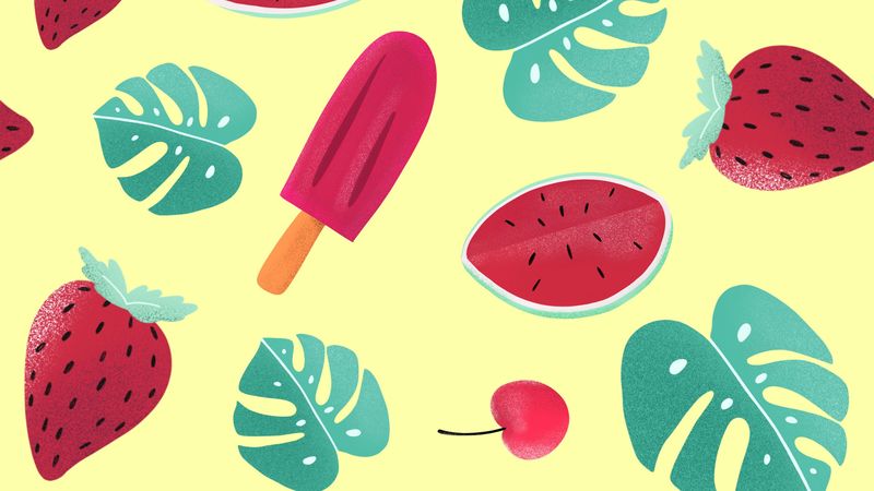 ice cream, watermelon, strawberry, leaves, patterns, 4k