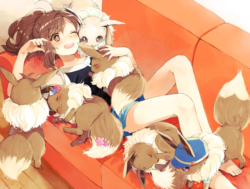 anime, anime girls, couch, in sofa, legs, brunette, Pokémon, Eevee