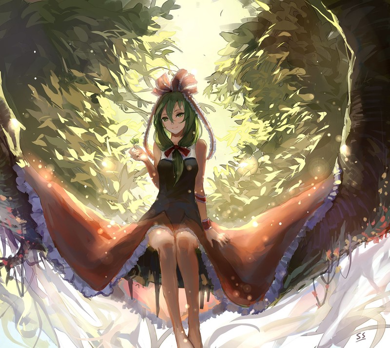 anime, anime girls, sitting, green hair, nature