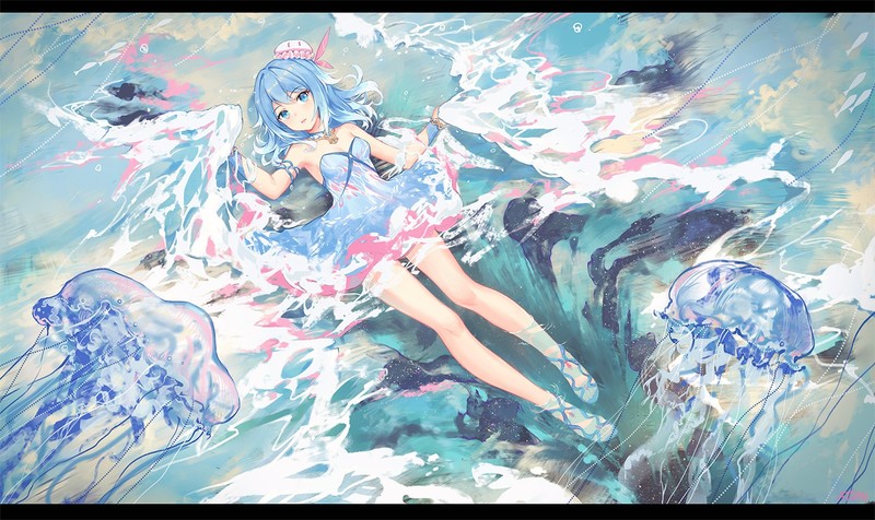 anime, anime girls, legs, water, blue hair, blue eyes
