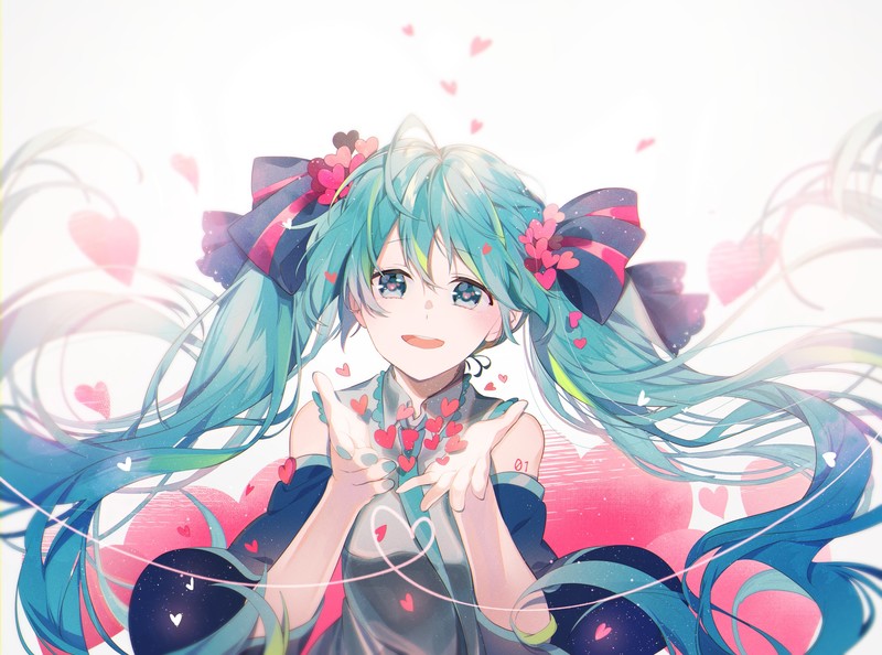 anime, anime girls, long hair, blue hair, simple background, heart, cyan hair