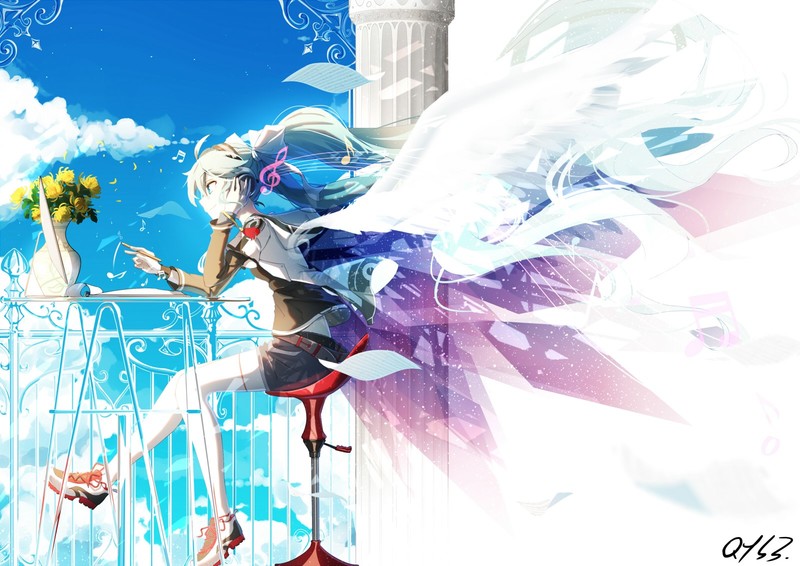 anime, anime girls, Vocaloid, Hatsune Miku, legs, chair, flowers, vase, long hair, sitting
