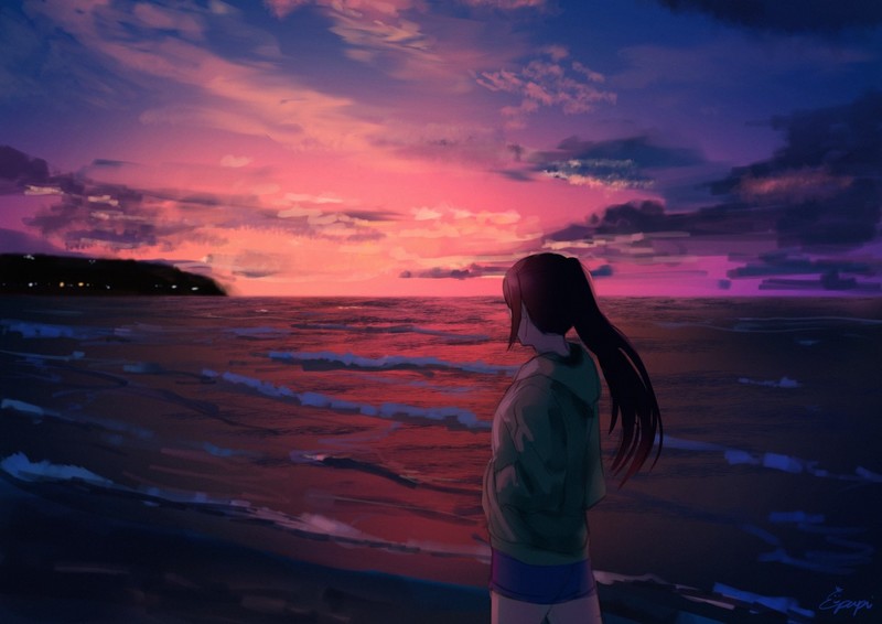 anime, anime girls, sky, sunlight, sea, dark