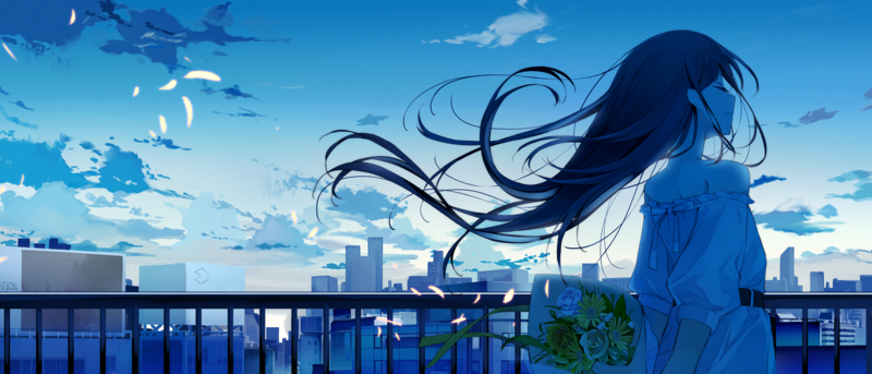 anime, anime girls, sky, blue, closed eyes, long hair, flowers, Ashima, cyan