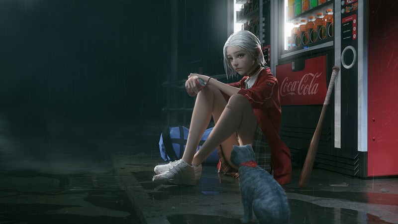 women, baseball bat, bag, choker, street, Rui Li