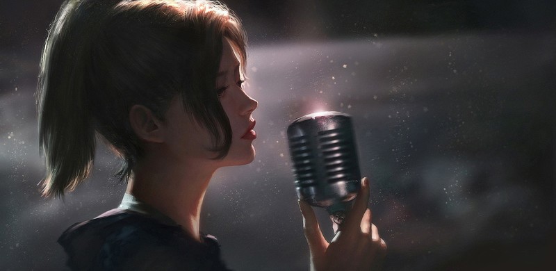 digital art, artwork, women, brunette, singer, microphone