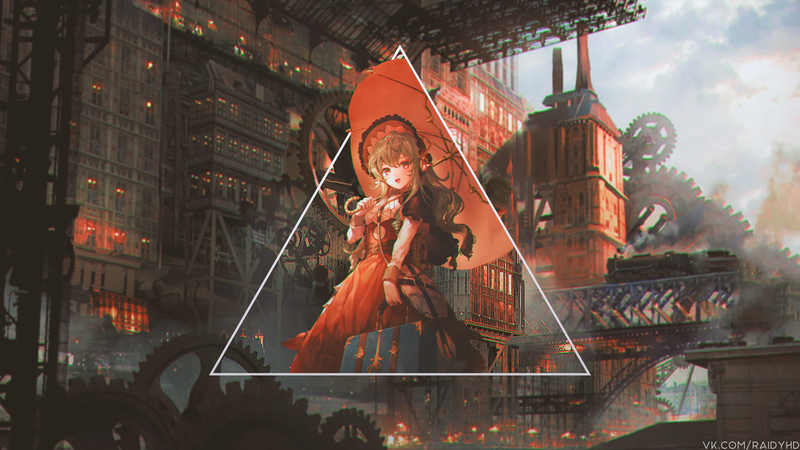 anime girls, anime, picture-in-picture, steampunk, umbrella