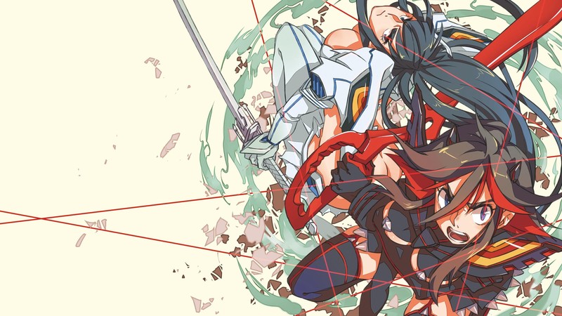 anime, anime girls, Matoi Ryuuko, Kill la Kill, Kiryuin Satsuki, Senketsu, fan art, simple background, dark hair, white skin, fighting