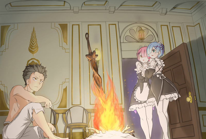 anime, anime girls, white skin, Ram (Re: Zero), Rem (Re: Zero), Dark Souls, crossover, fan art, Re:Zero Kara Hajimeru Isekai Seikatsu, maid outfit, maid, Natsuki Subaru, bonfire