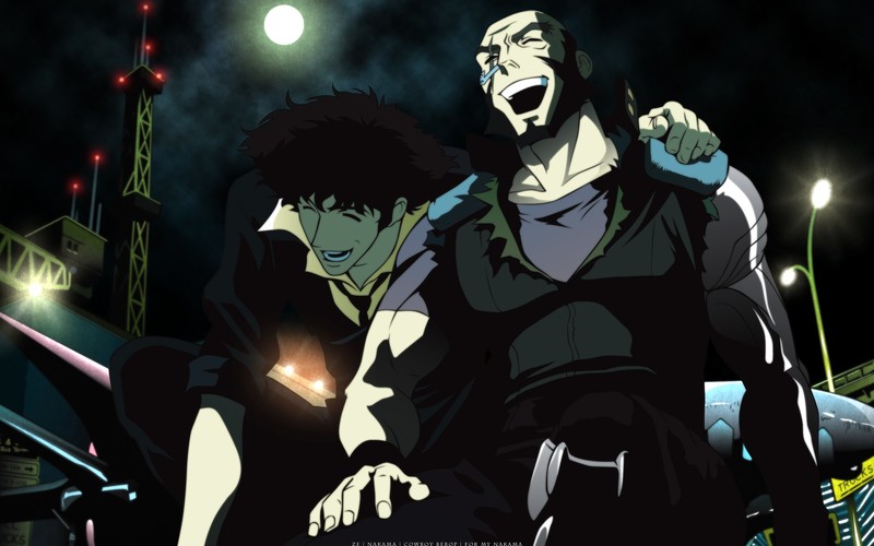 anime, anime boys, Cowboy Bebop, artwork, Spike Spiegel, Jet Black, white skin, city, night, friendship, black