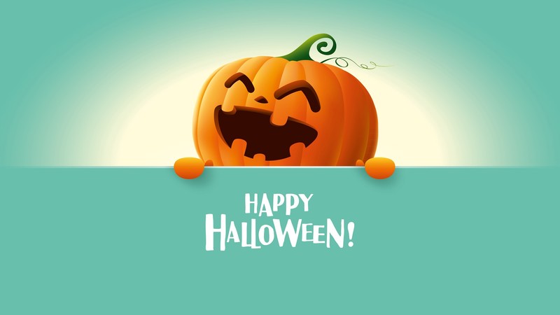 Halloween, pumpkin, smiling, happy, simple background, typography, turquoise