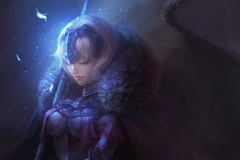 Jeanne (Alter) (Fate/Grand Order), Jeanne dArc alter, Fate/Grand Order, Avenger (Fate/Grand Order), lance, warrior, short hair, closed eyes, anime girls, video game girls, purple