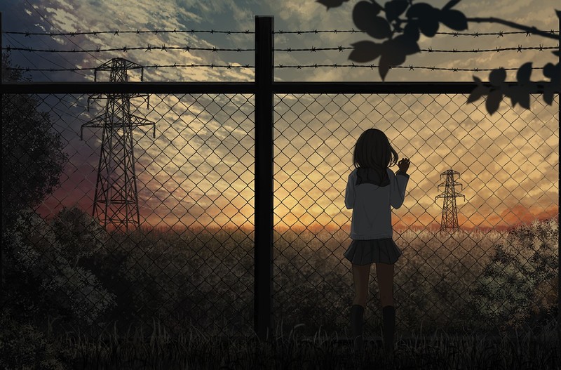 sunset, anime girls, digital art, fence