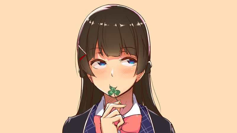 anime, manga, anime girls, simple background, minimalism, Nijisanji, Tsukino Mito, brunette, long hair, clovers, schoolgirl, school uniform