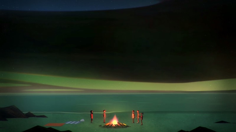 Oxenfree, Alex (Oxenfree), Jonas (Oxenfree), Nona (Oxenfree), artwork, campfire, dark, video games