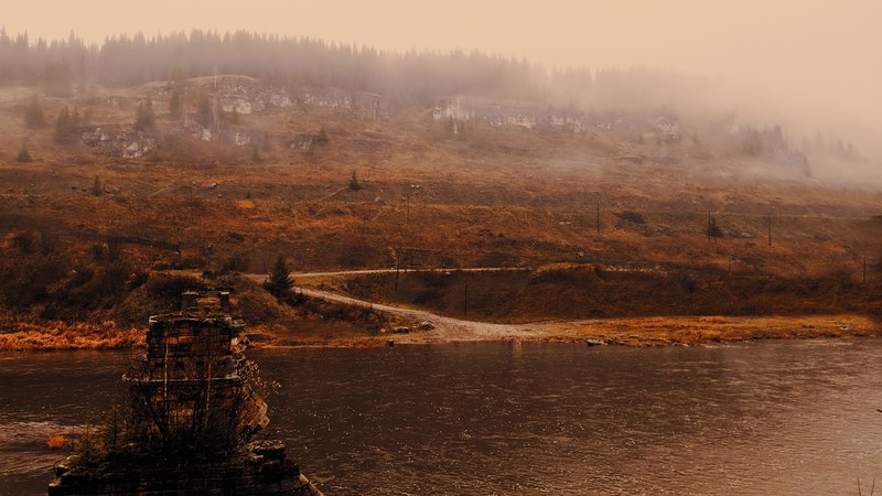 landscape, lake, river, water, hill, mist, building, ruin, road, trees, nature, ruins