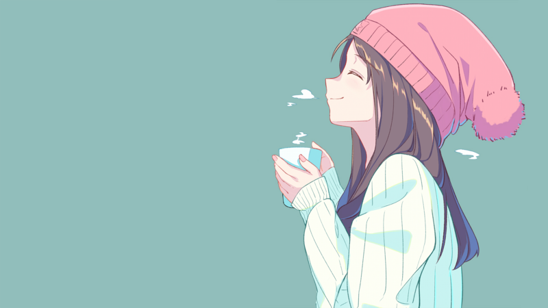 anime, hat, anime girls, tea, closed eyes, simple background, cup, brunette, face, profile