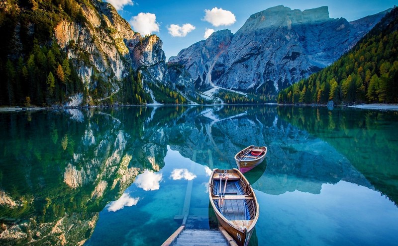landscape, mountains, lagoon, boat, nature, clear sky, bridge, reflection, environment, water, vehicle, Italy