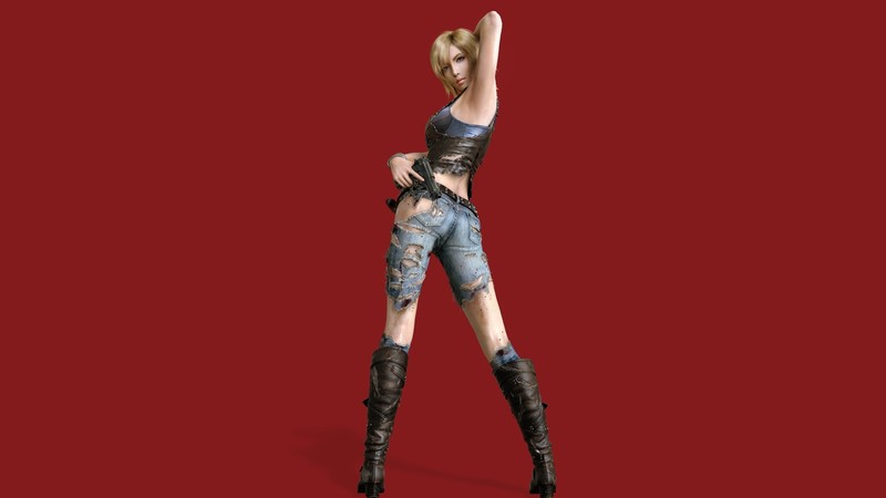 Parasite Eve, 3rd birthday, women, video games, ass, gun, arms up, simple background, blonde, red background, torn jeans, boots