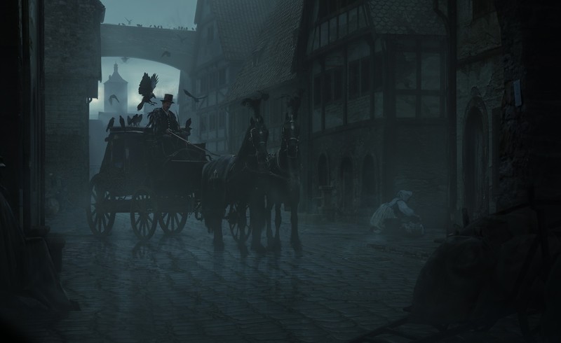 artwork, men, concept art, raven, digital, horse, carriage, city, rain, circus
