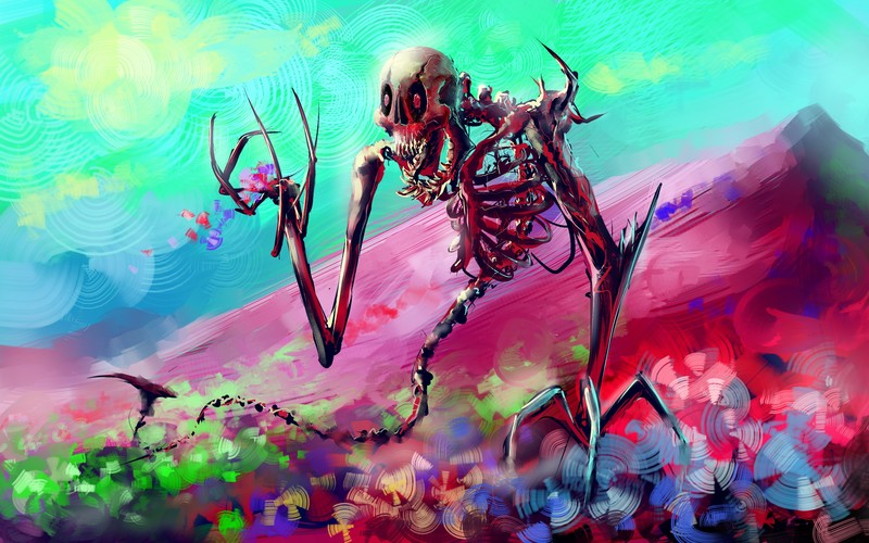 skeleton, digital art, artwork, flowers, mountains